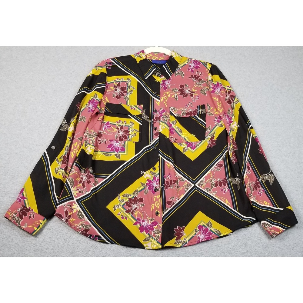 APT. 9 Button Up Shirt Women's Medium Floral Geometric Long Sleeve Pockets Artsy